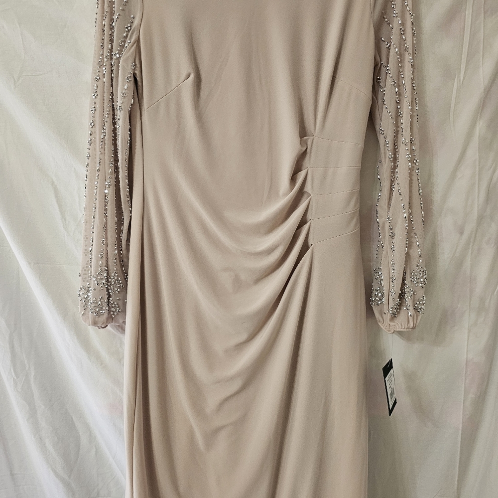 MARINA Tan Gold Pleated Ruched Bodycon Dress